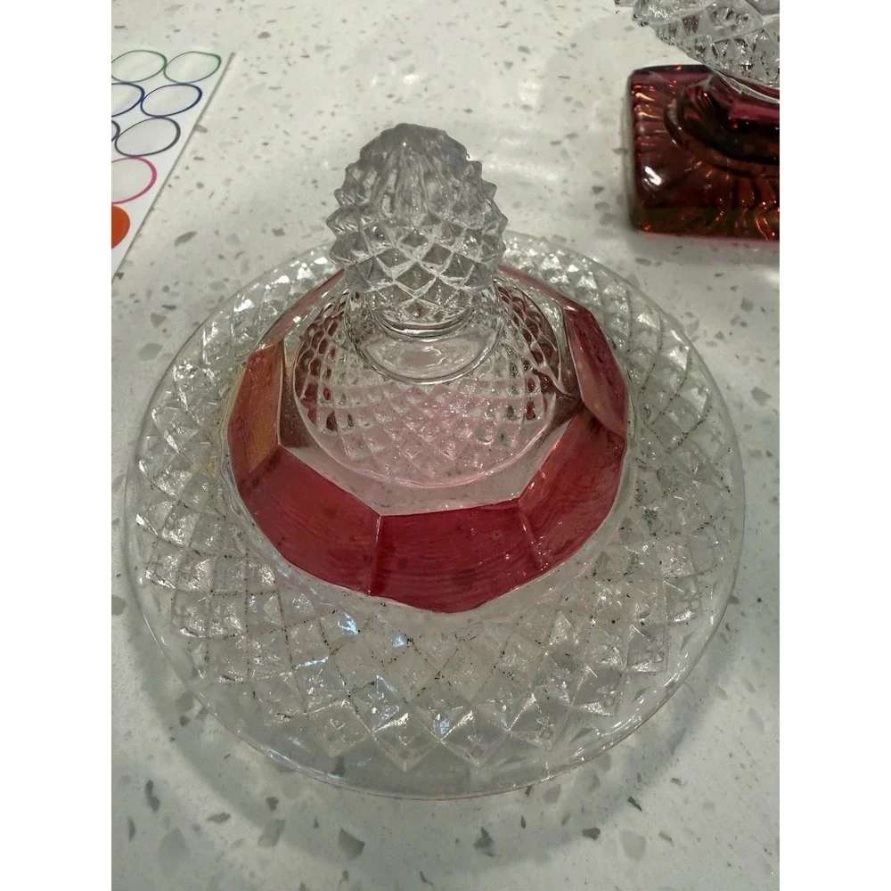 Westmoreland English Hobnail Crystal Ruby Flashed Candy Dish Mid Century Glass